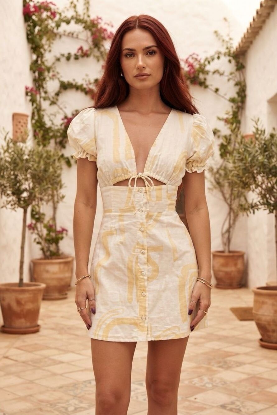 Sabo Skirt White Linen Cotton Button Down Puffed Sleeve Mini Dress Size XS